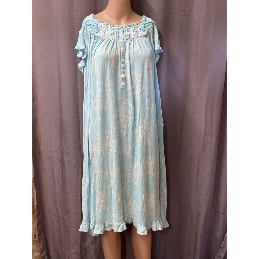 Eileen West Turquoise/White SOFT Modal RUFFLED HEM Waltz Nightgown Sz M